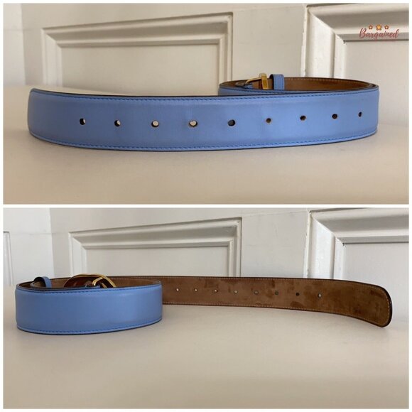 Authentic Gucci Blue Calfskin Leather Gold Interlocking G Buckle Belt 85/34 - Picture 11 of 13